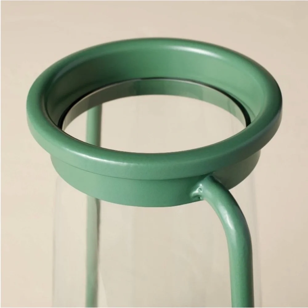 Hearth & Hand Large Pillar Glass & Metal Hurricane Candle Lantern Dark Green NWT